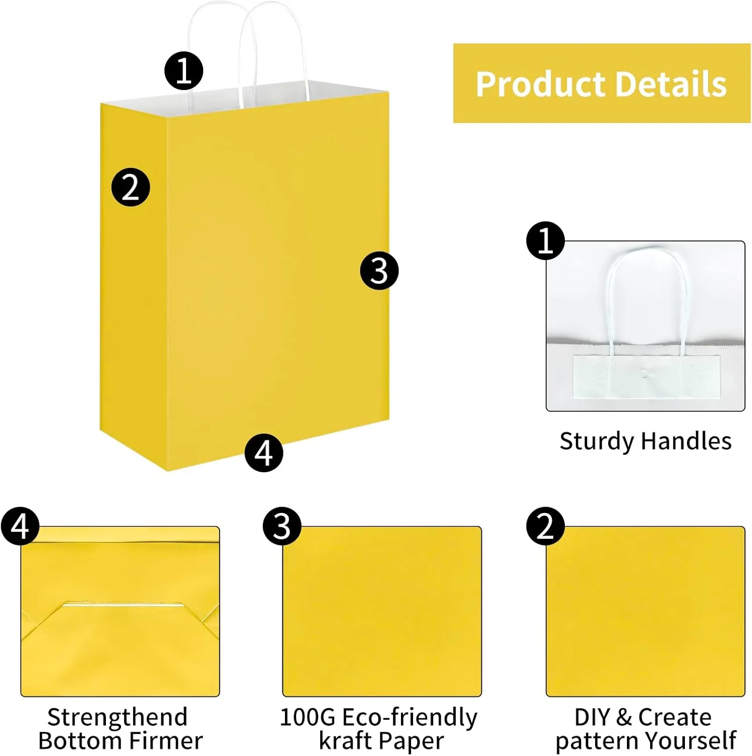 Oikss 100 Pack 10x5x13 Yellow Kraft Paper Bags with Handles Bulk for Birthday Party Favors Grocery Retail Shopping Business Goody Recycled Craft Gift Bags (Large Size, 100 Count)