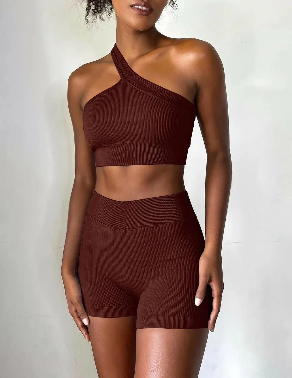 OLCHEE Womens 3 Piece Workout Sets - Seamless Ribbed Yoga Outfits Sports Bra One Shoulder Top Biker Shorts Gym Athletic Cloth