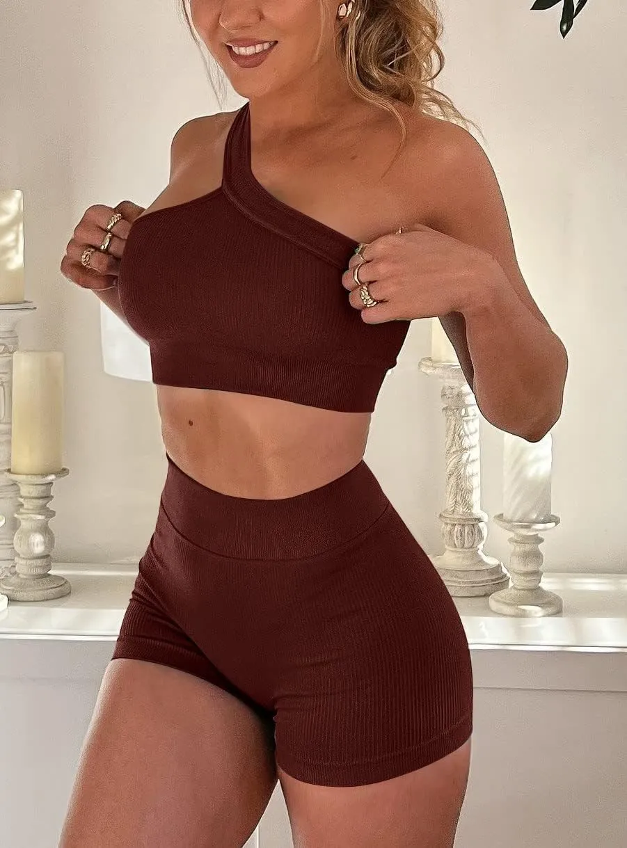 OLCHEE Womens 3 Piece Workout Sets - Seamless Ribbed Yoga Outfits Sports Bra One Shoulder Top Biker Shorts Gym Athletic Cloth