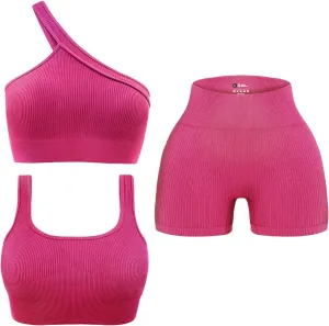OLCHEE Womens 3 Piece Workout Sets - Seamless Ribbed Yoga Outfits Sports Bra One Shoulder Top Biker Shorts Gym Athletic Cloth