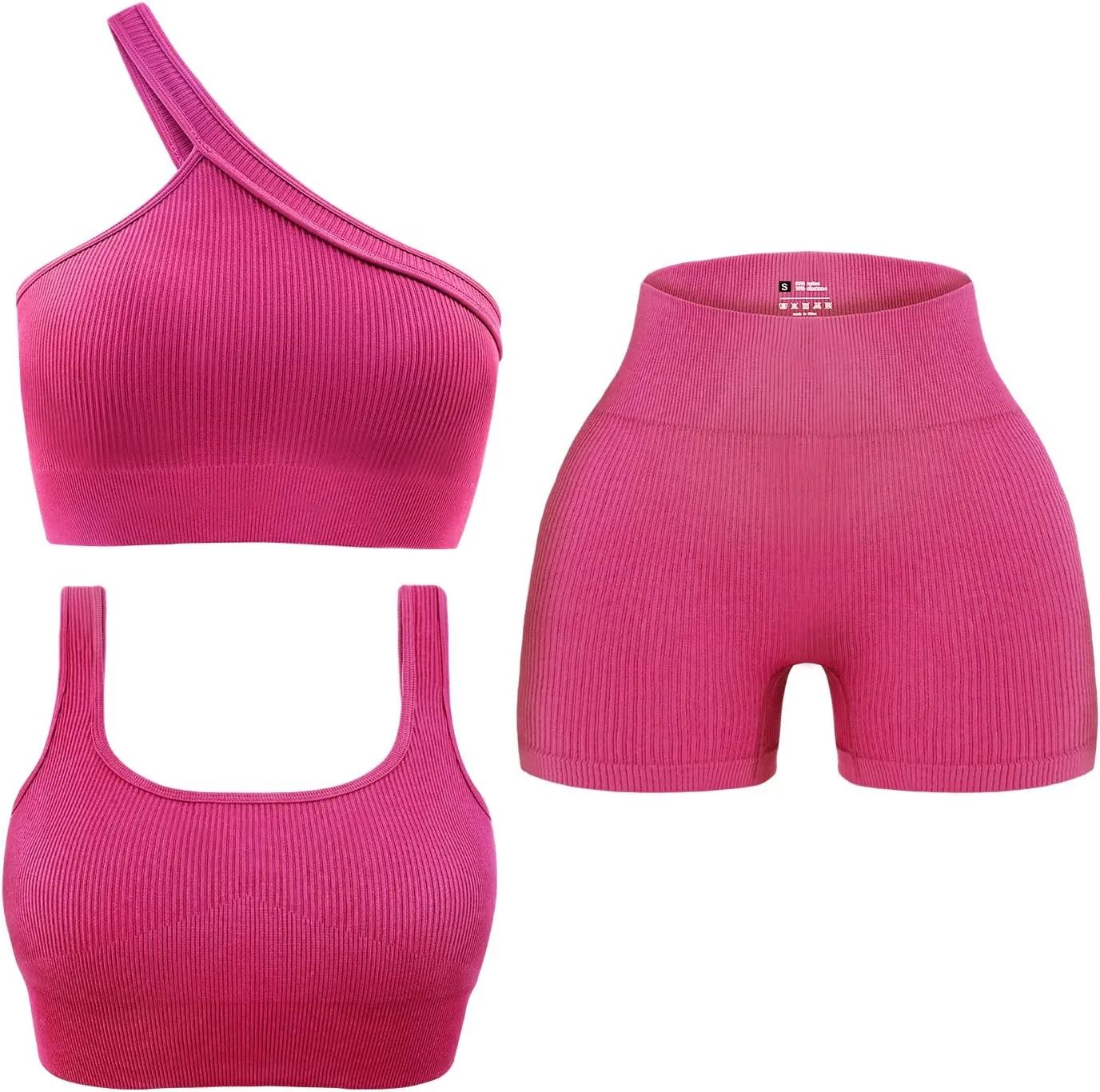 OLCHEE Womens 3 Piece Workout Sets - Seamless Ribbed Yoga Outfits Sports Bra One Shoulder Top Biker Shorts Gym Athletic Cloth