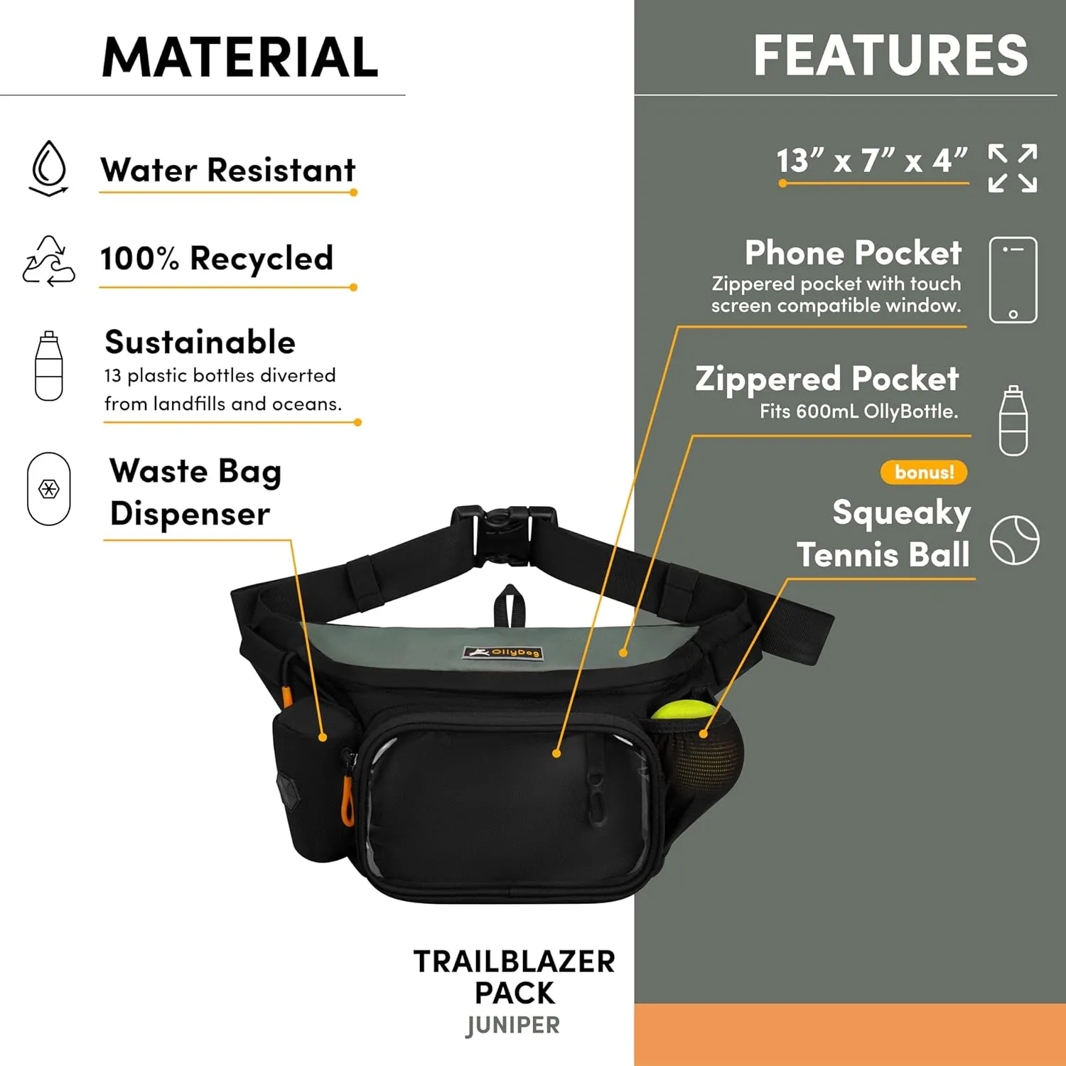 OllyDog Trailblazer Pack | Fanny Pack | Dog Treat Pouch | Includes Rubber Fetch Ball | Water-Resistant | Poop Bag Dispenser | Hands-Free | Dog Walking & Training