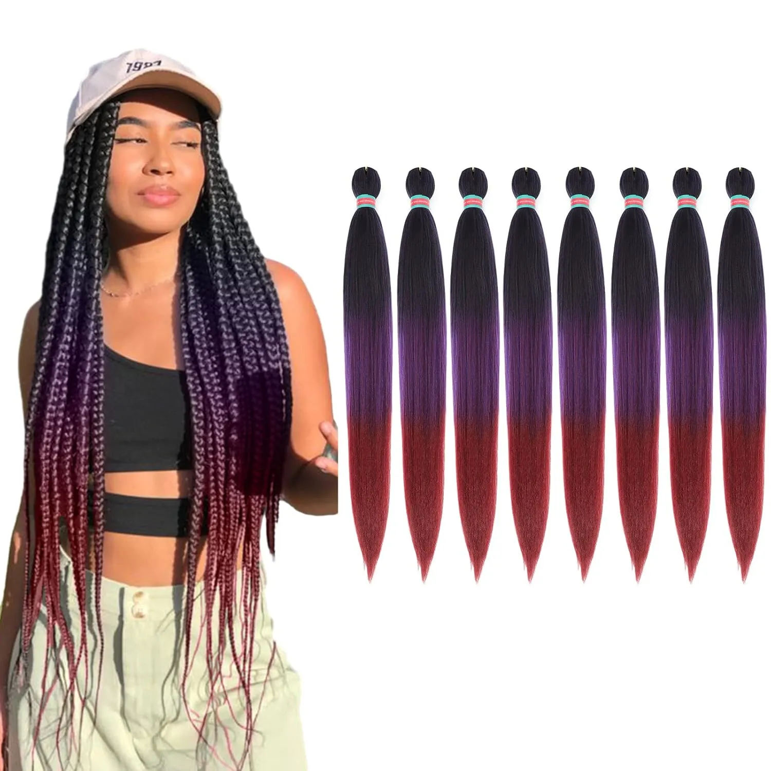 Ombre Pre stretched Braiding Hair, 36 Inch 3 tones Braid Hair Extensions, 8 packs Multi Color blend braiding hair pre-stretched, Crochet Hair Braiding(36''-8packs,1b/purple/burg)