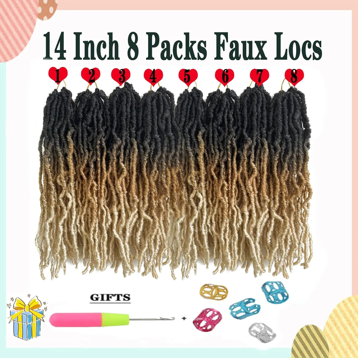 Ombre Soft Faux Locs Crochet Hair 14 Inch New Soft Locs 8 Packs Pre-looped Crochet Braids Short Soft Goddess Locs Curly Wavy Croceht Hair for Women(1B/27/613, 8packs)