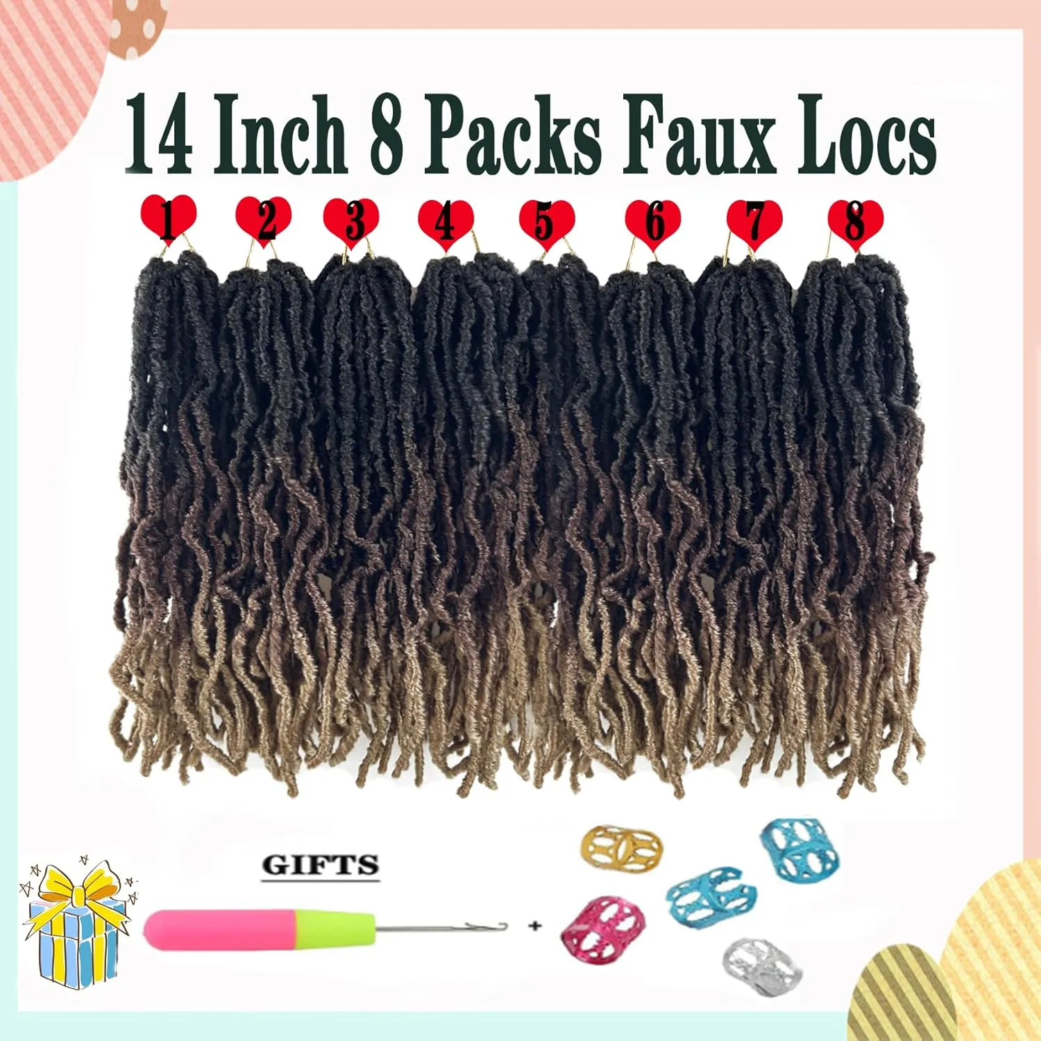 Ombre Soft Locs 14 Inch New Faux Locs Crochet Hair 8 Packs Pre-looped Crochet Braids Short Soft Goddess Locs Curly Wavy Croceht Hair for Women(1B/4/27#, 8packs)