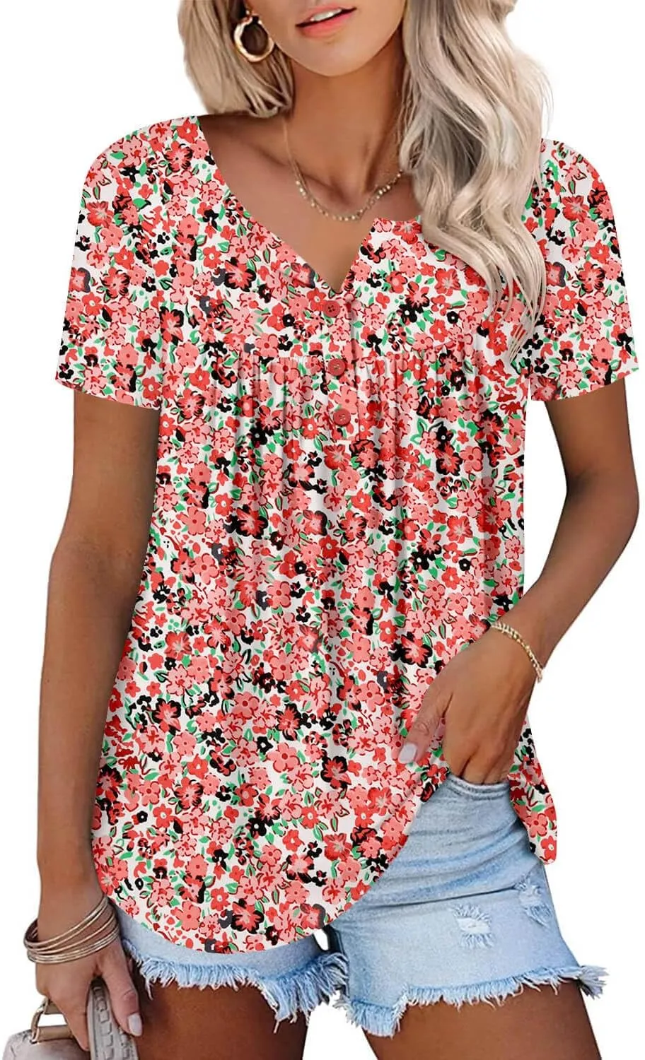 ONLYSHE Womens Summer Short Sleeve Shirts V Neck Tops Casual Tunic Floral Ruffle Blouse