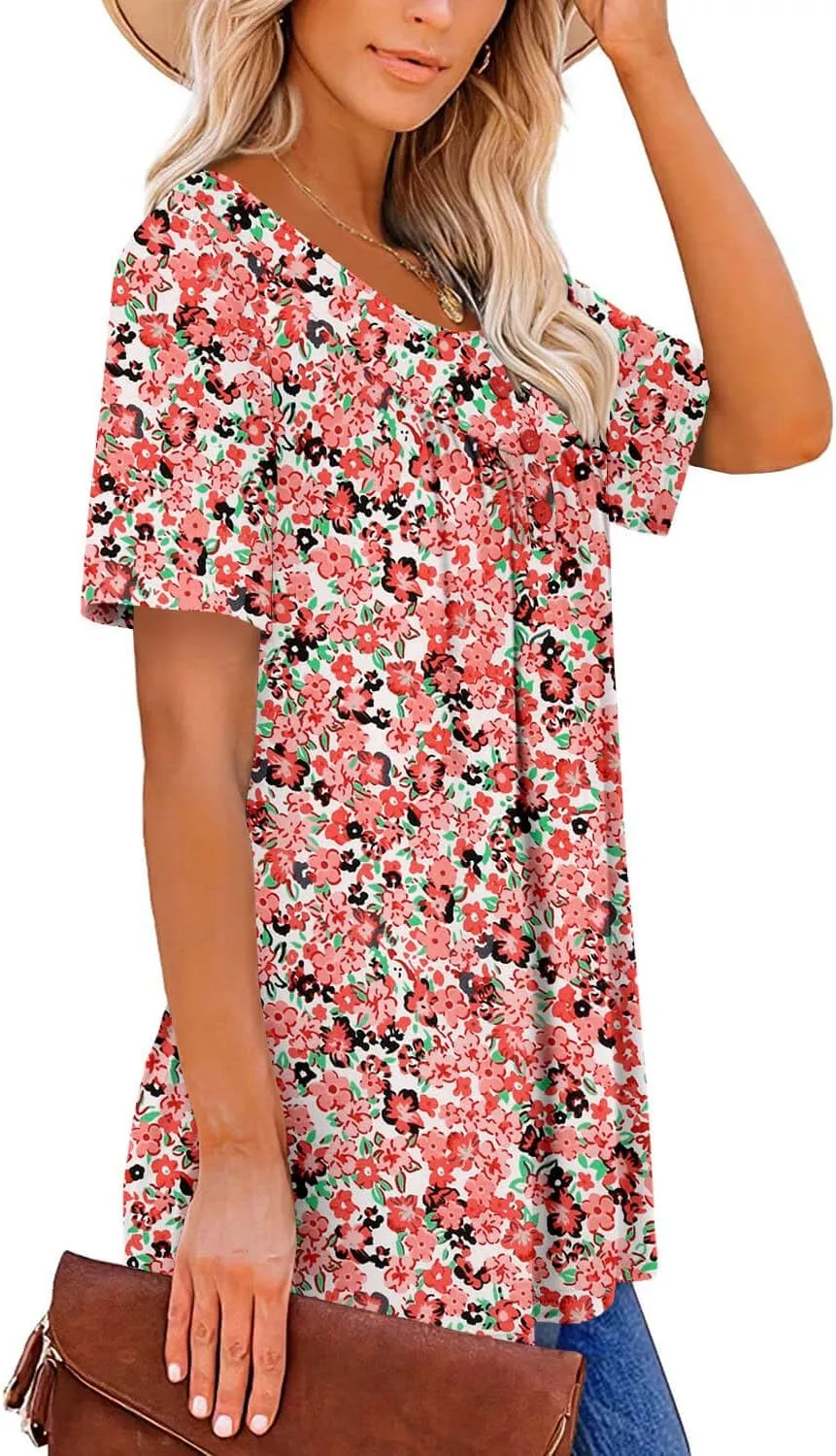 ONLYSHE Womens Summer Short Sleeve Shirts V Neck Tops Casual Tunic Floral Ruffle Blouse