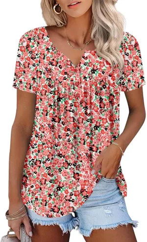 ONLYSHE Womens Summer Short Sleeve Shirts V Neck Tops Casual Tunic Floral Ruffle Blouse