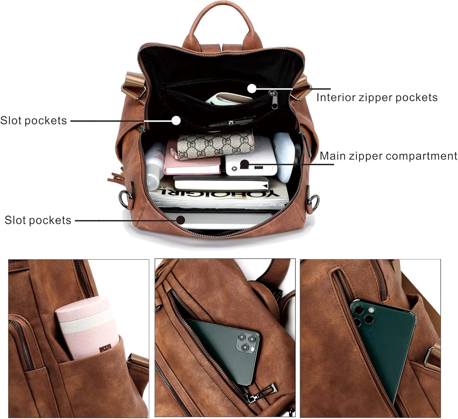 OPAGE Leather Backpack Purse for Women Fashion Tassel Ladies Shoulder Bags Designer Large Backpack Travel Bag