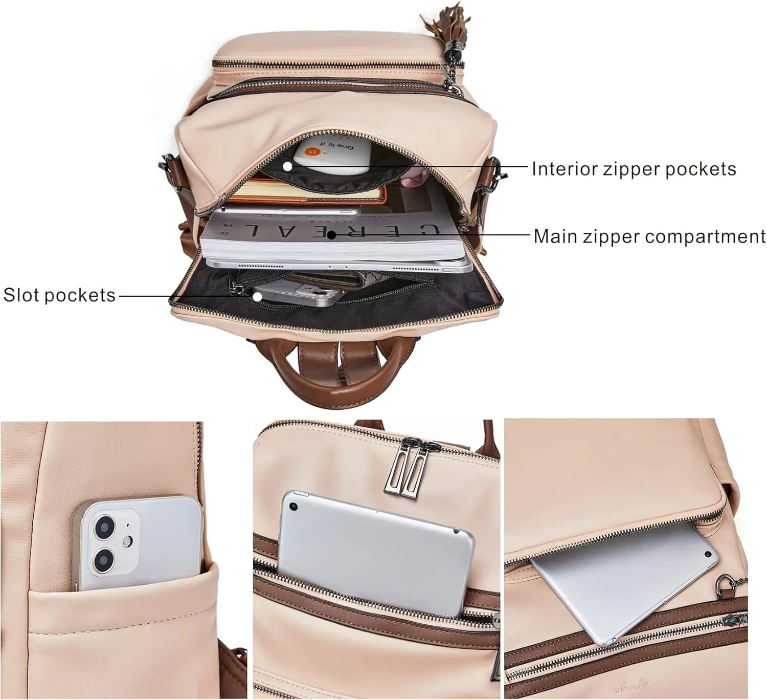 OPAGE Leather Backpack Purse for Women Fashion Tassel Ladies Shoulder Bags Designer Large Backpack Travel Bag