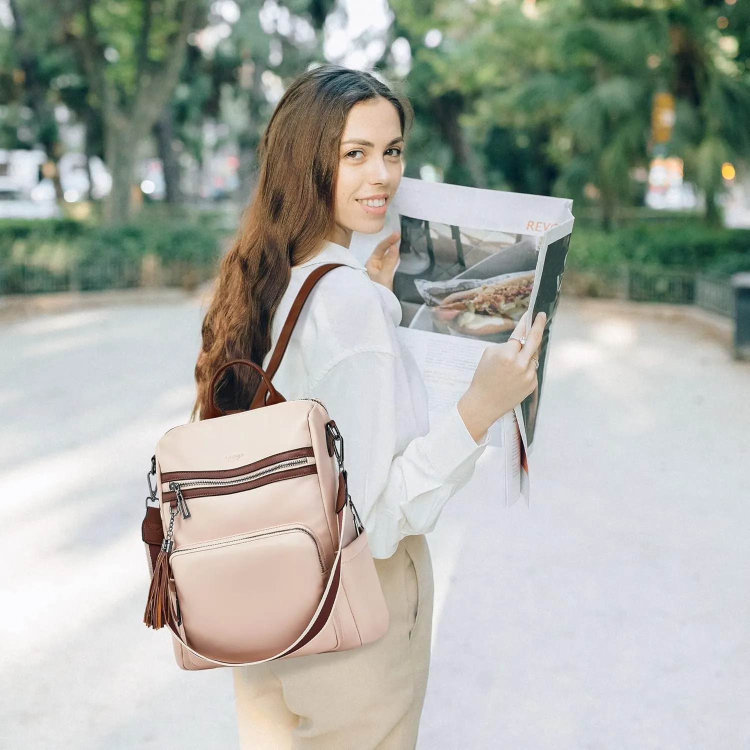 OPAGE Leather Backpack Purse for Women Fashion Tassel Ladies Shoulder Bags Designer Large Backpack Travel Bag