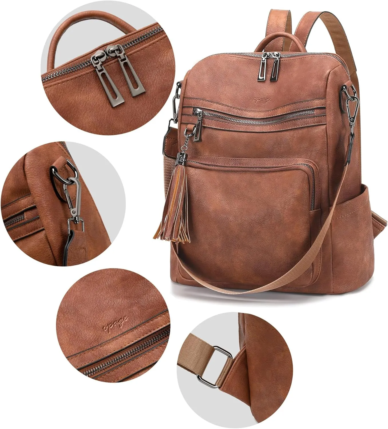 OPAGE Leather Backpack Purse for Women Fashion Tassel Ladies Shoulder Bags Designer Large Backpack Travel Bag