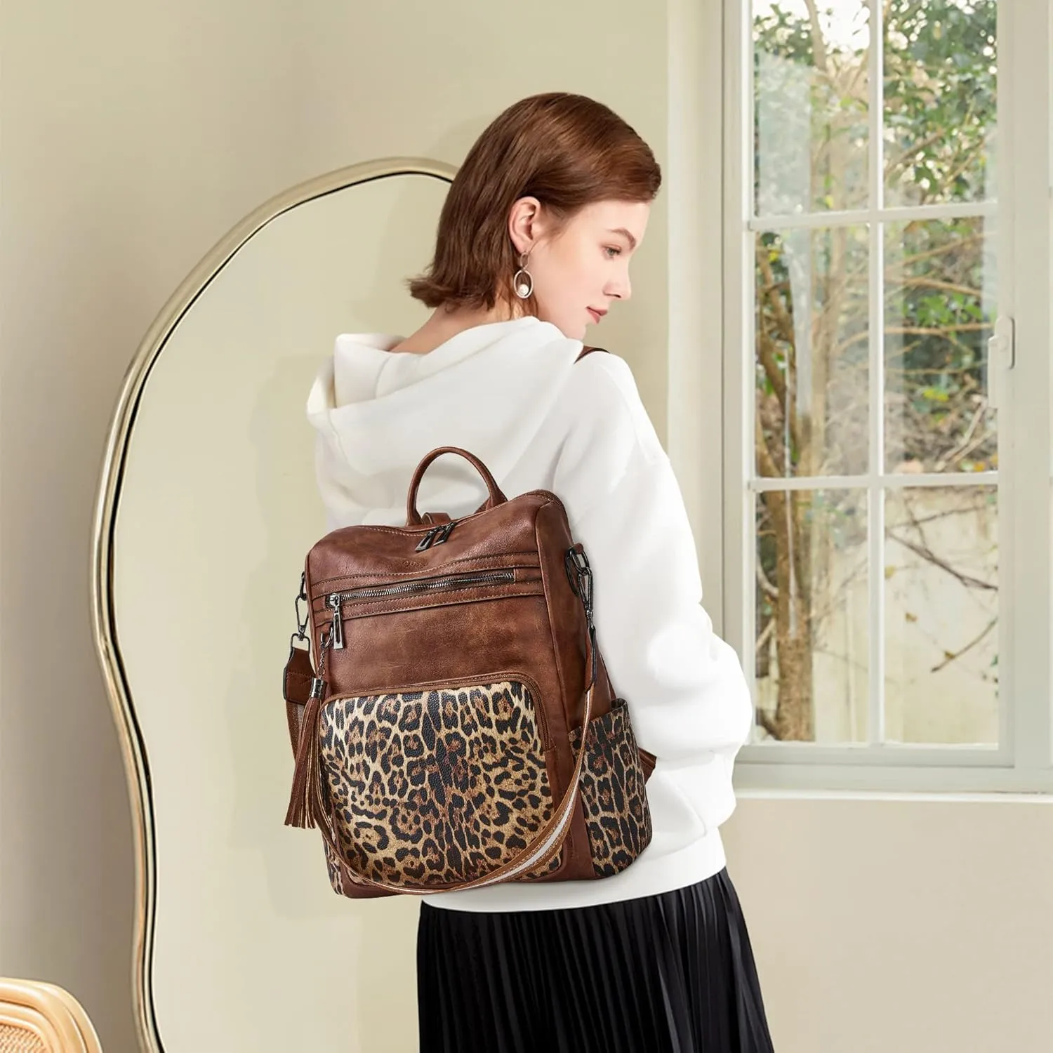 OPAGE Leather Backpack Purse for Women Fashion Tassel Ladies Shoulder Bags Designer Large Backpack Travel Bag