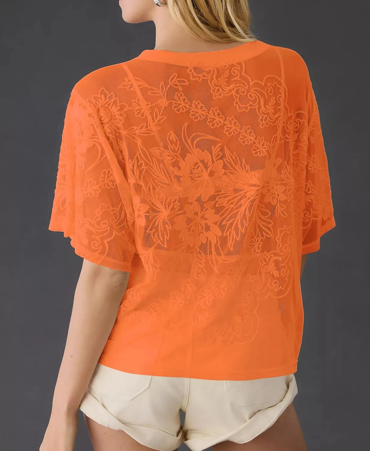 OPCAKM Women's Mesh Tops Y2K Short Sleeve Sheer Lace Embroidered Shirts Layering See Through Blouse