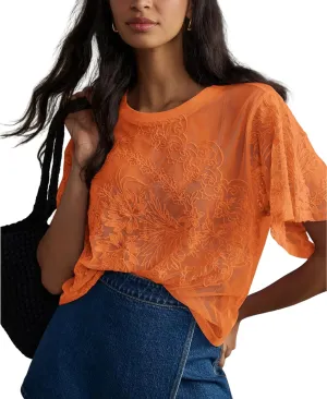 OPCAKM Women's Mesh Tops Y2K Short Sleeve Sheer Lace Embroidered Shirts Layering See Through Blouse