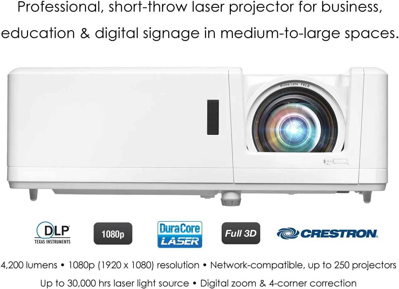 Optoma ZH406ST Short Throw Full HD Professional Laser Projector | DuraCore Laser Technology | High Bright 4200 lumens | 4K HDR Input | Four Corner Image Adjustment | Network Compatible