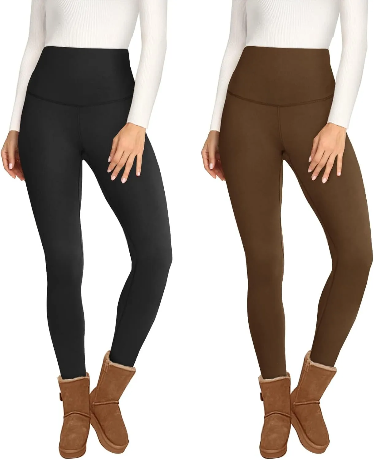 Opuntia 2 Pack Fleece Lined High Waisted Leggings for Women - Warm Winter Pants Tummy Control Yoga Hiking Running Tights