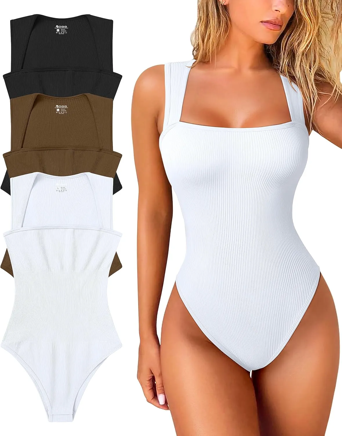 OQQ Women's 3 Piece Bodysuits Sexy Ribbed Strappy Square Neck Sleeveless Tummy Control Tank Tops Bodysuits
