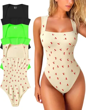 OQQ Women's 3 Piece Bodysuits Sexy Ribbed Strappy Square Neck Sleeveless Tummy Control Tank Tops Bodysuits