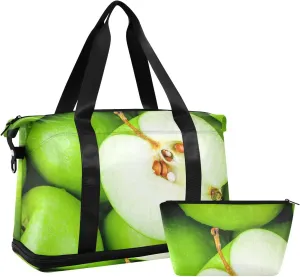 Organic Green Juicy Apples Texture Gym Duffel Bag, Polyester Travel Weekender Luggage Handbag with Waterproof Pocket for Wet Items, Unisex Foldable Tote for Sports