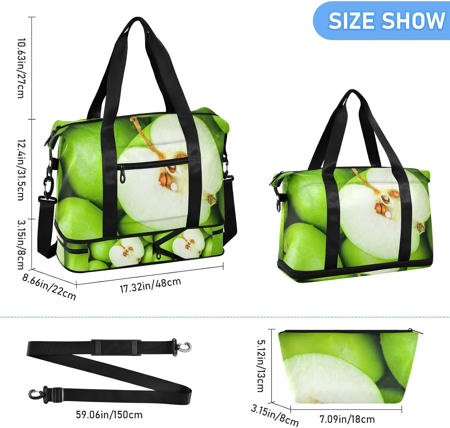 Organic Green Juicy Apples Texture Gym Duffel Bag, Polyester Travel Weekender Luggage Handbag with Waterproof Pocket for Wet Items, Unisex Foldable Tote for Sports