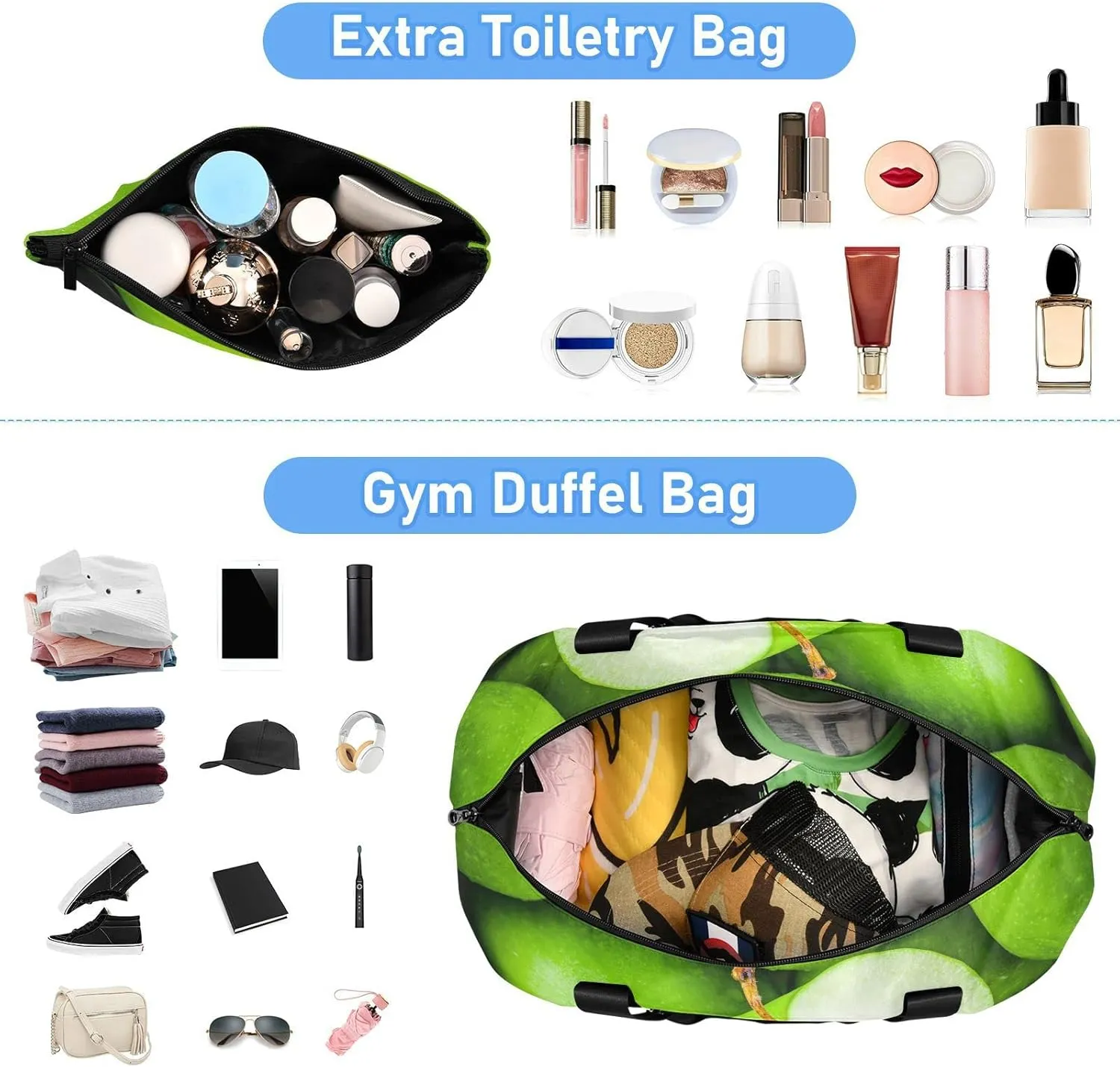Organic Green Juicy Apples Texture Gym Duffel Bag, Polyester Travel Weekender Luggage Handbag with Waterproof Pocket for Wet Items, Unisex Foldable Tote for Sports