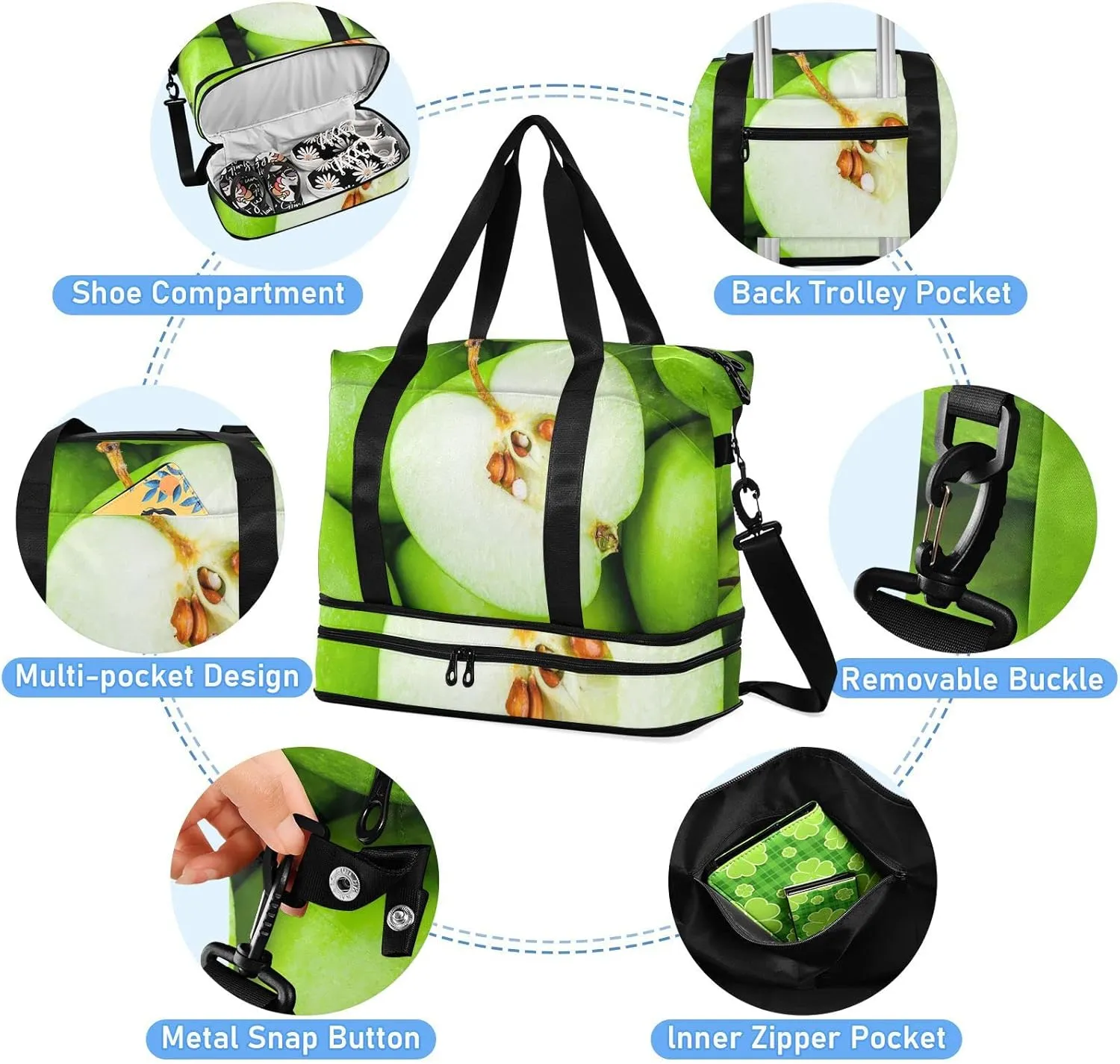 Organic Green Juicy Apples Texture Gym Duffel Bag, Polyester Travel Weekender Luggage Handbag with Waterproof Pocket for Wet Items, Unisex Foldable Tote for Sports