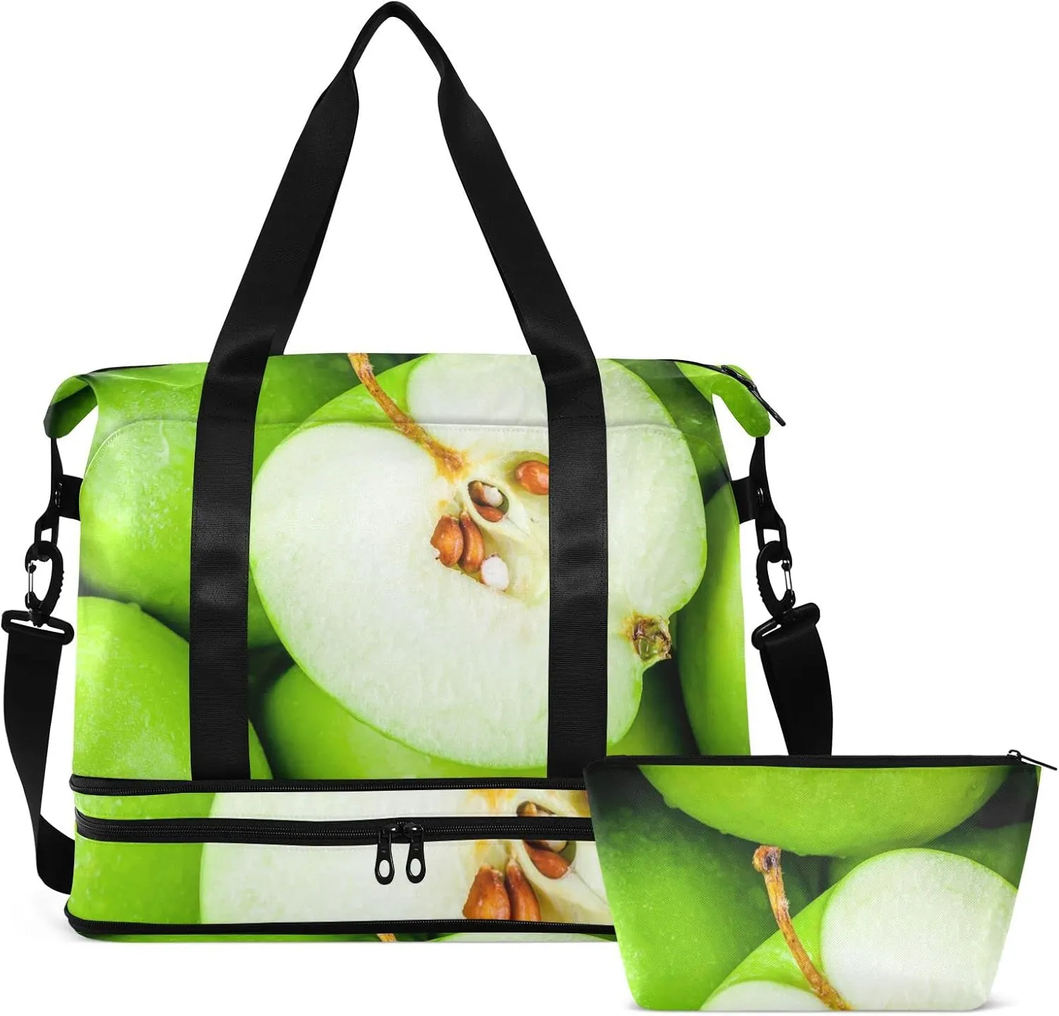 Organic Green Juicy Apples Texture Gym Duffel Bag, Polyester Travel Weekender Luggage Handbag with Waterproof Pocket for Wet Items, Unisex Foldable Tote for Sports