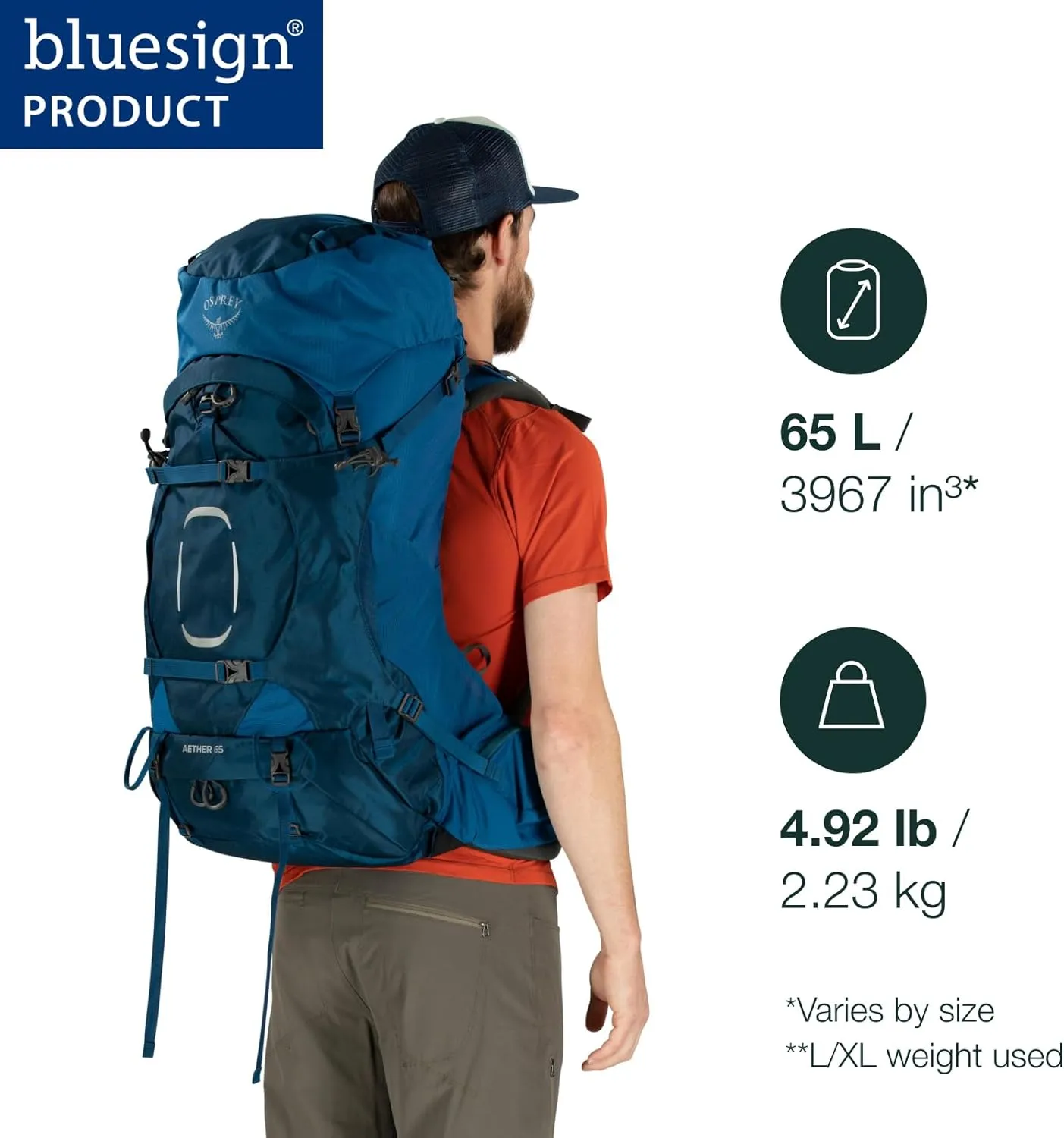 Osprey Aether 65L Men's Backpacking Backpack, Black, L/XL, Extended Fit