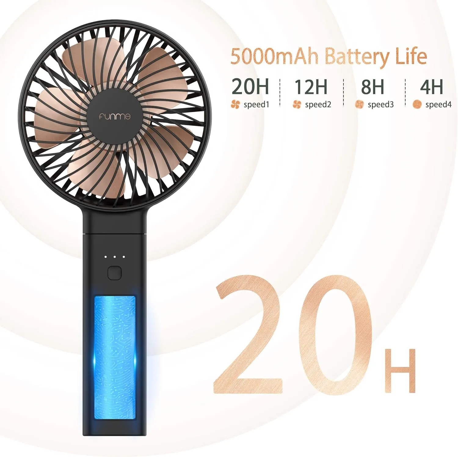 OUTXE Portable Handheld Fan 5000mAh USB Desk Fan Person 4 Speed Settings for Outdoor Travel (Black,with Neck Lanyard)