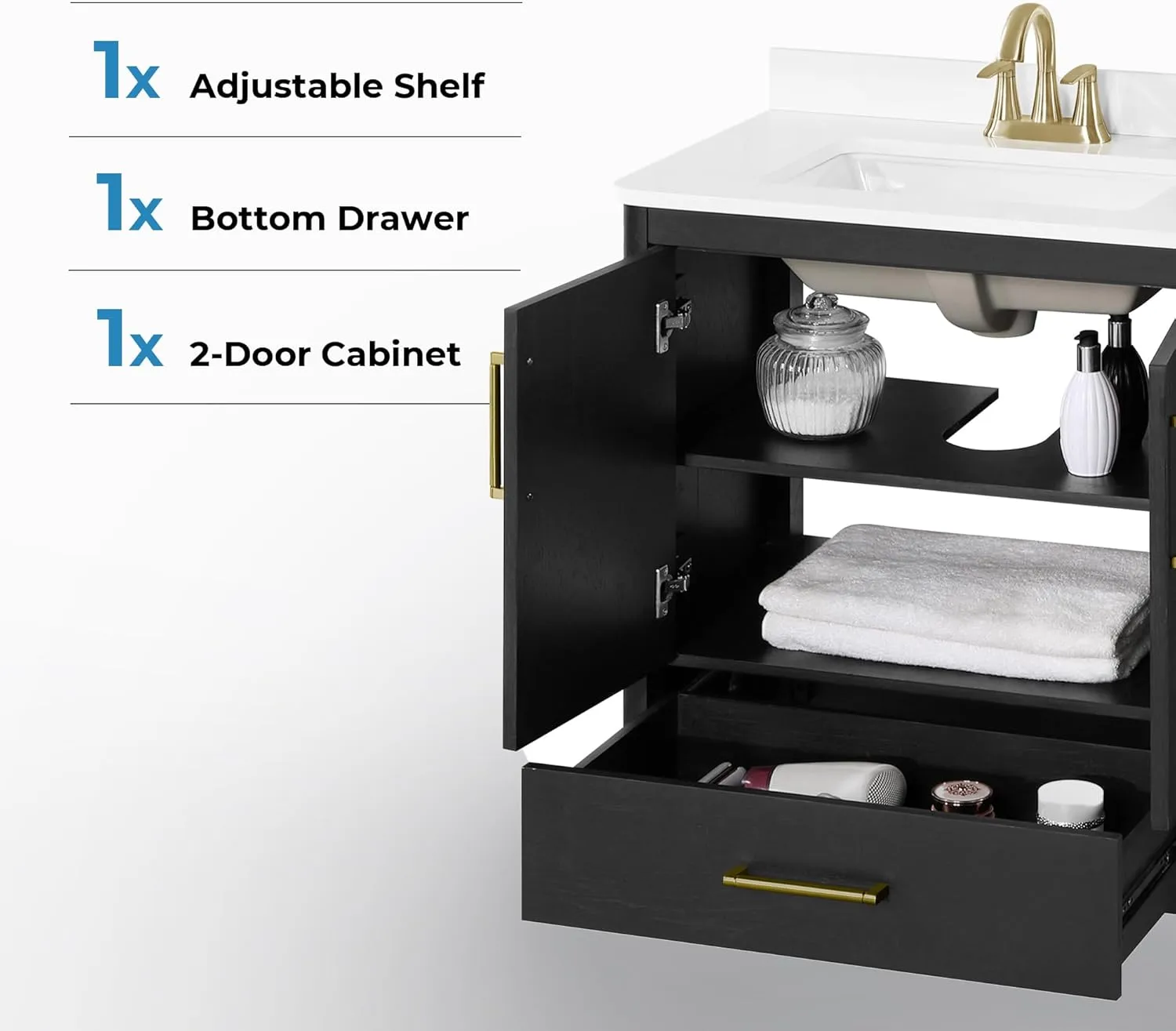 OVE Decors REN Selections Hobart 30 in. Ebony Wood Freestanding Bathroom Vanity with Single Sink, Engineered Marble Countertop and Backsplash Included