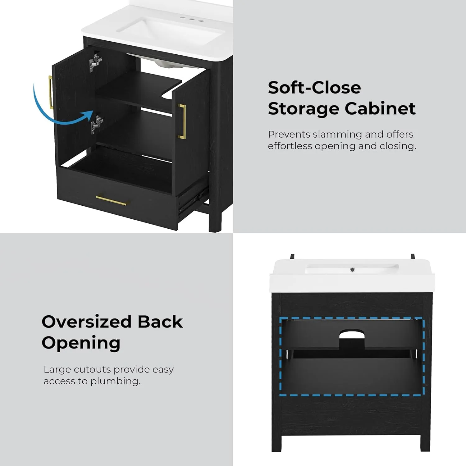 OVE Decors REN Selections Hobart 30 in. Ebony Wood Freestanding Bathroom Vanity with Single Sink, Engineered Marble Countertop and Backsplash Included