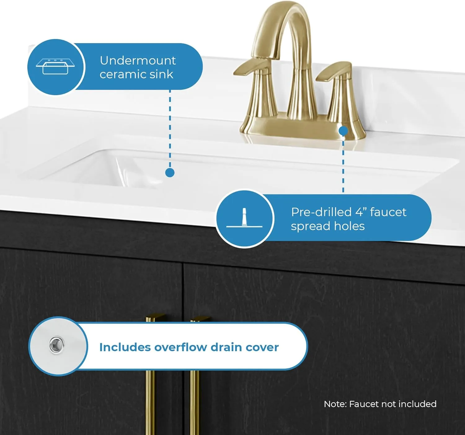 OVE Decors REN Selections Hobart 30 in. Ebony Wood Freestanding Bathroom Vanity with Single Sink, Engineered Marble Countertop and Backsplash Included