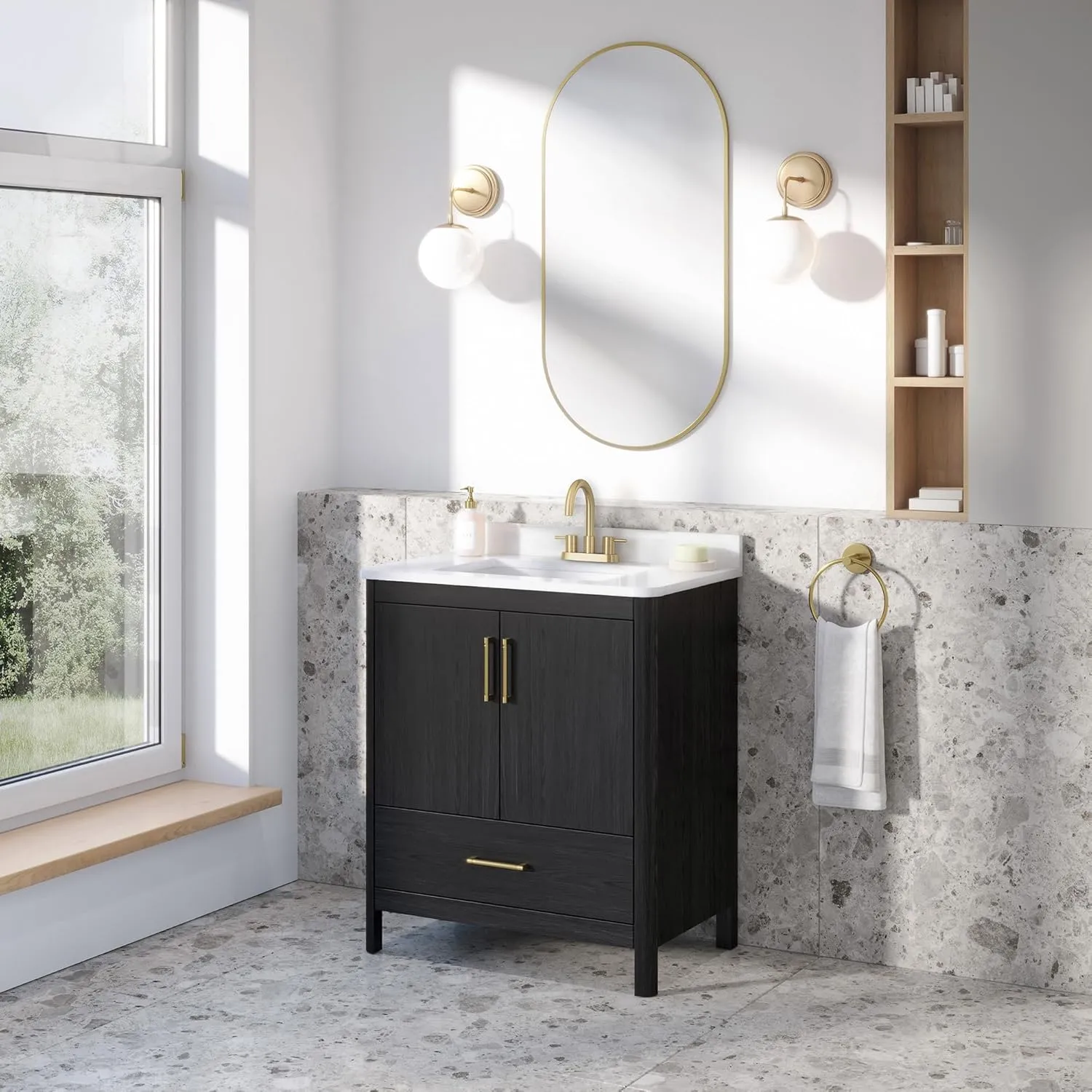 OVE Decors REN Selections Hobart 30 in. Ebony Wood Freestanding Bathroom Vanity with Single Sink, Engineered Marble Countertop and Backsplash Included