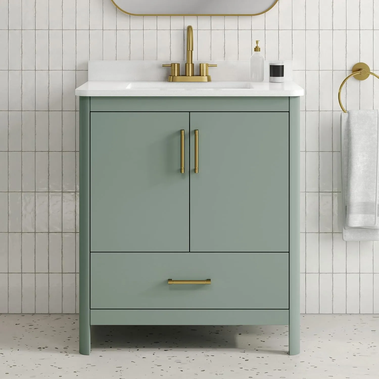 OVE Decors REN Selections Hobart 30 in. Sage Green Freestanding Bathroom Vanity with Single Sink, Engineered Marble Countertop and Backsplash Included