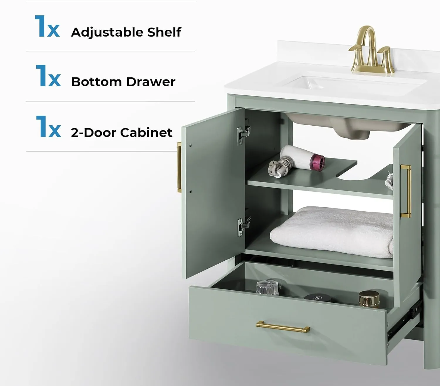 OVE Decors REN Selections Hobart 30 in. Sage Green Freestanding Bathroom Vanity with Single Sink, Engineered Marble Countertop and Backsplash Included