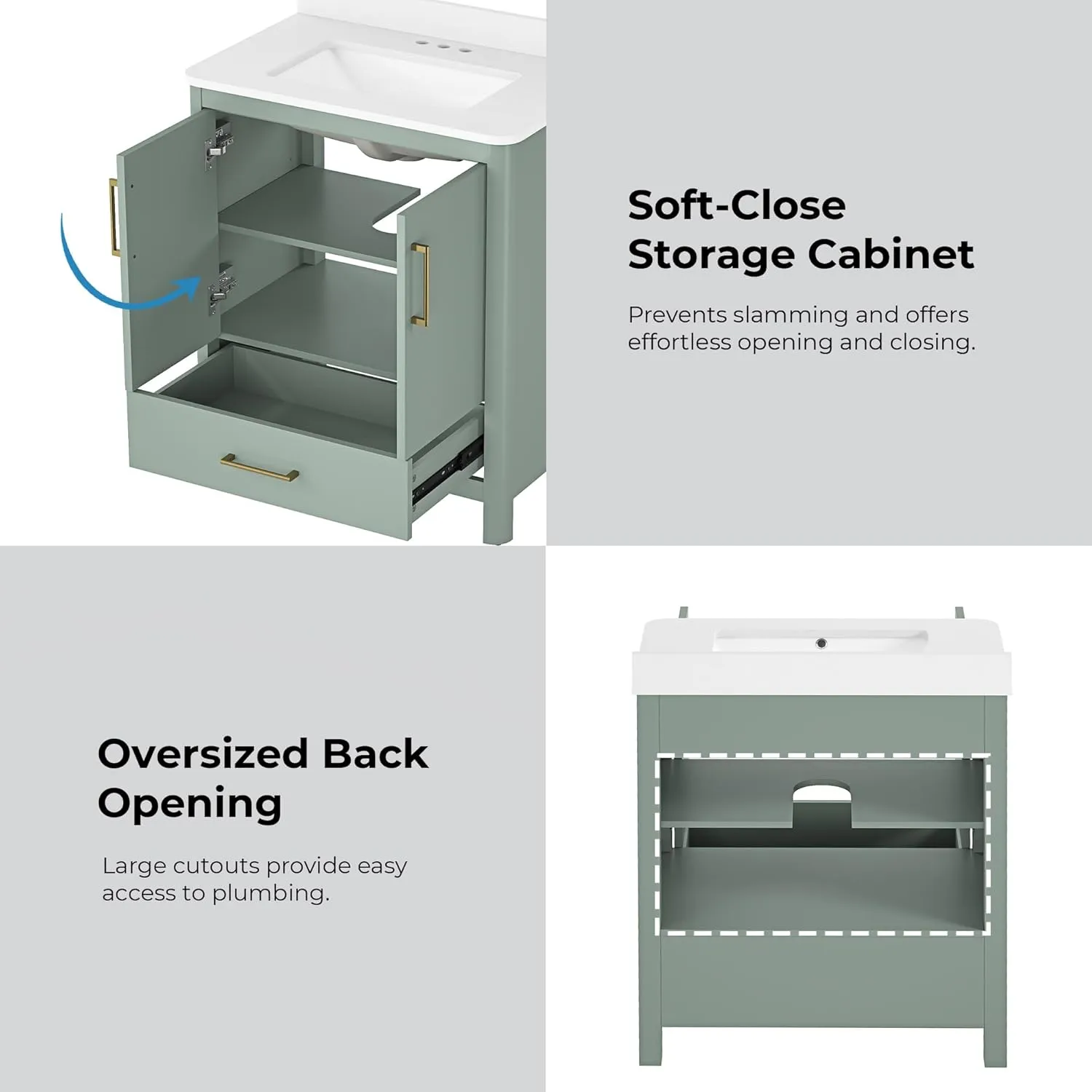 OVE Decors REN Selections Hobart 30 in. Sage Green Freestanding Bathroom Vanity with Single Sink, Engineered Marble Countertop and Backsplash Included