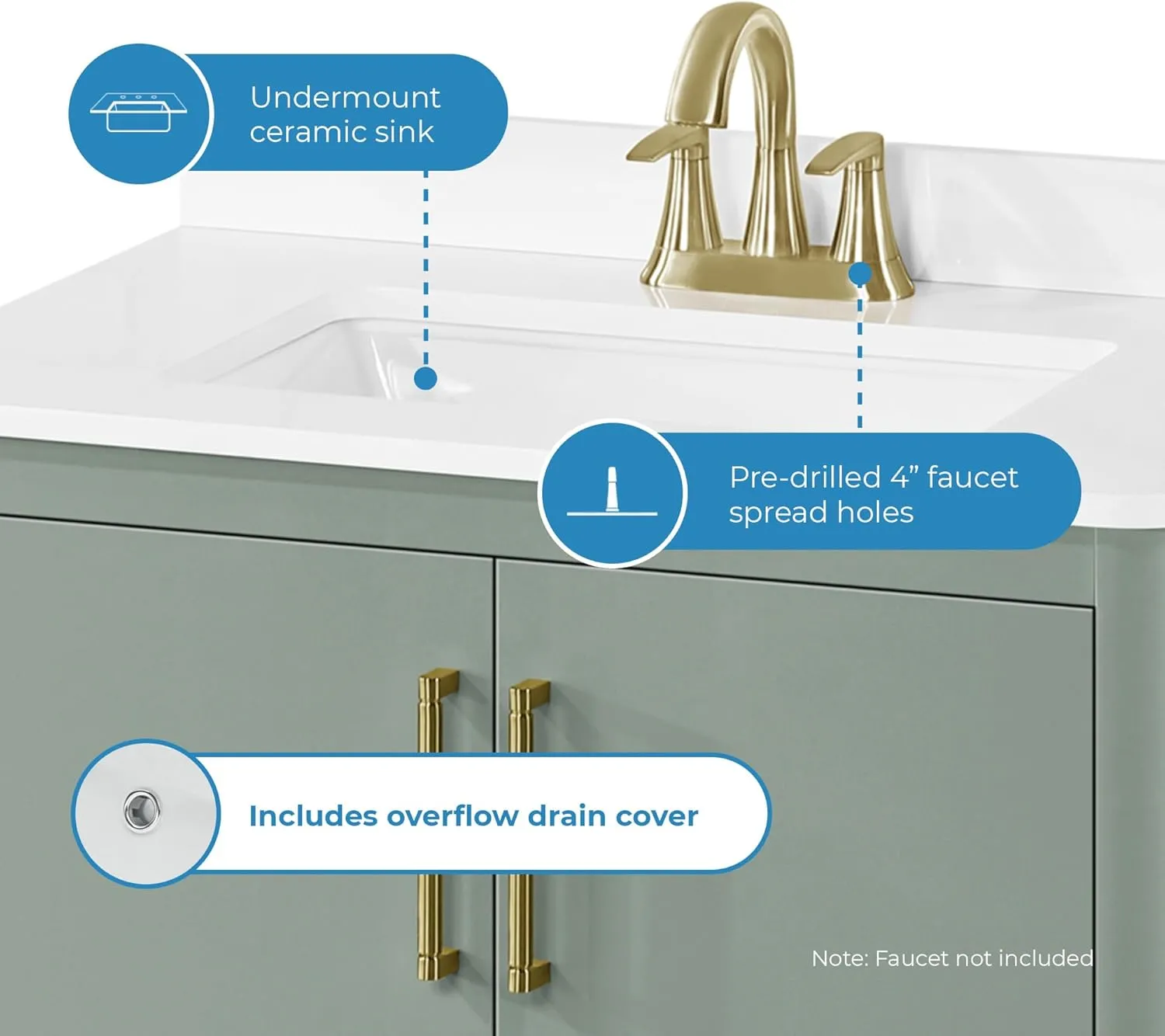 OVE Decors REN Selections Hobart 30 in. Sage Green Freestanding Bathroom Vanity with Single Sink, Engineered Marble Countertop and Backsplash Included