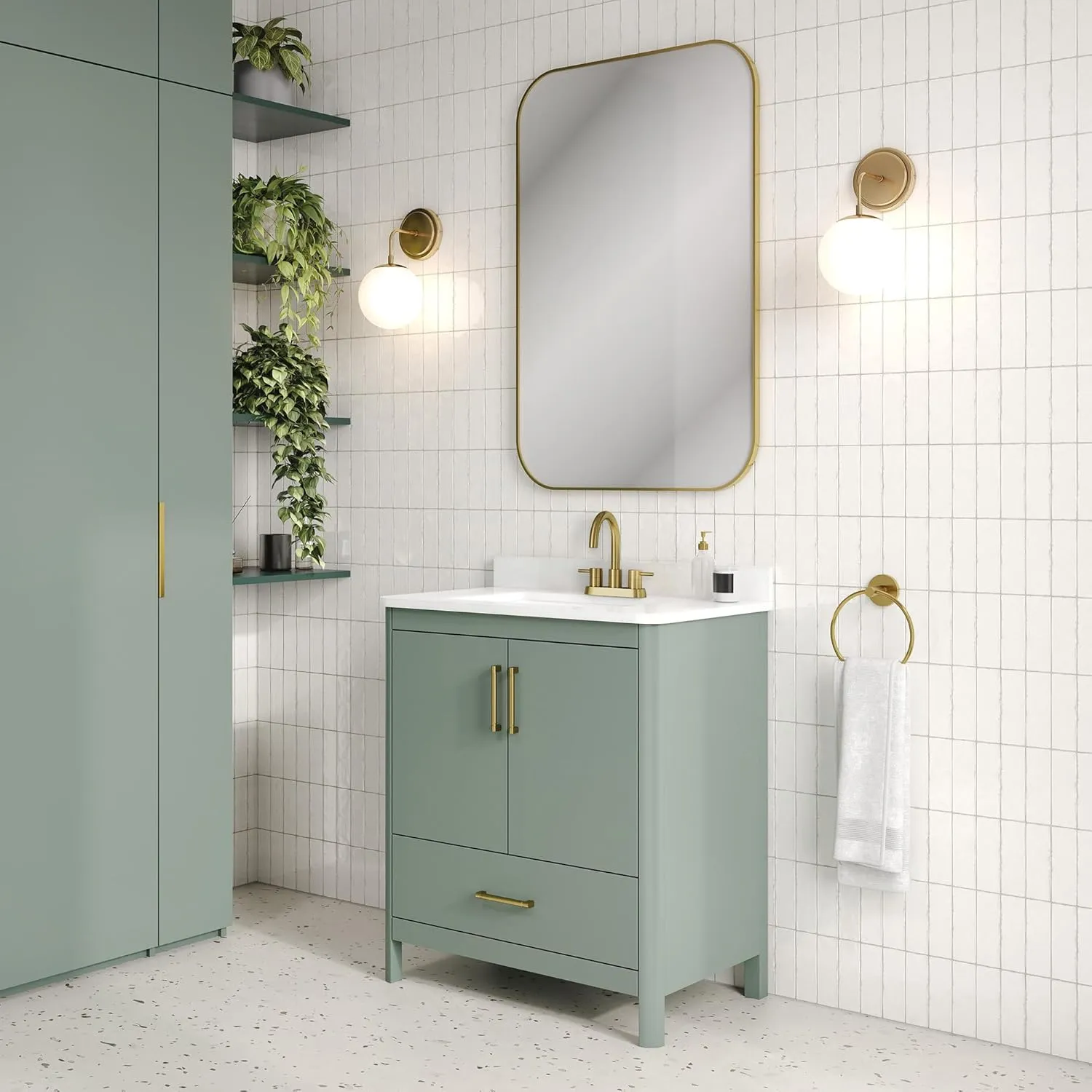 OVE Decors REN Selections Hobart 30 in. Sage Green Freestanding Bathroom Vanity with Single Sink, Engineered Marble Countertop and Backsplash Included