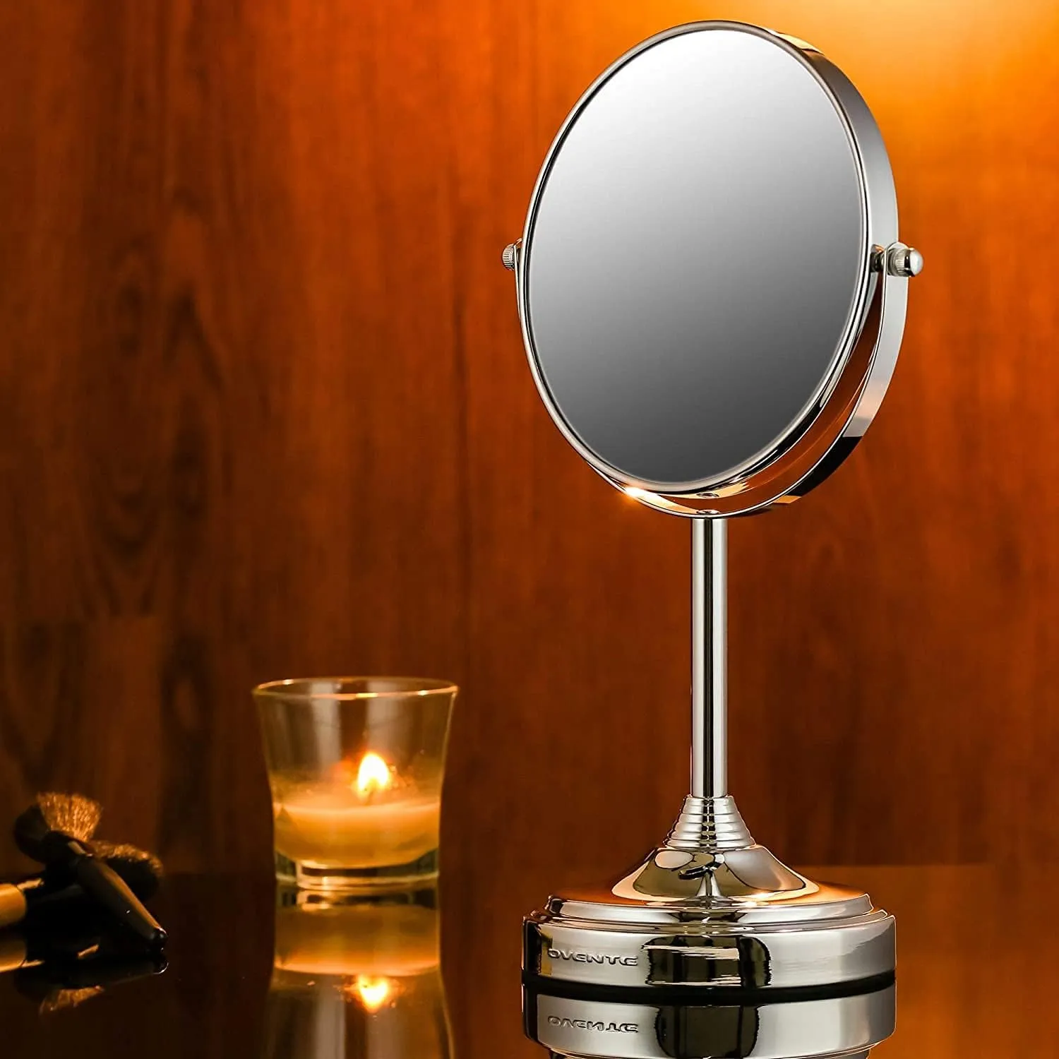 OVENTE 7'' Tabletop Makeup Mirror with 1X/7X Magnification, 360° Swivel Design and Double-Sided Free-Standing Vanity Mirror Perfect for Dresser, Bedroom and Office Desk, Polished Chrome MNLCT70CH1X7X