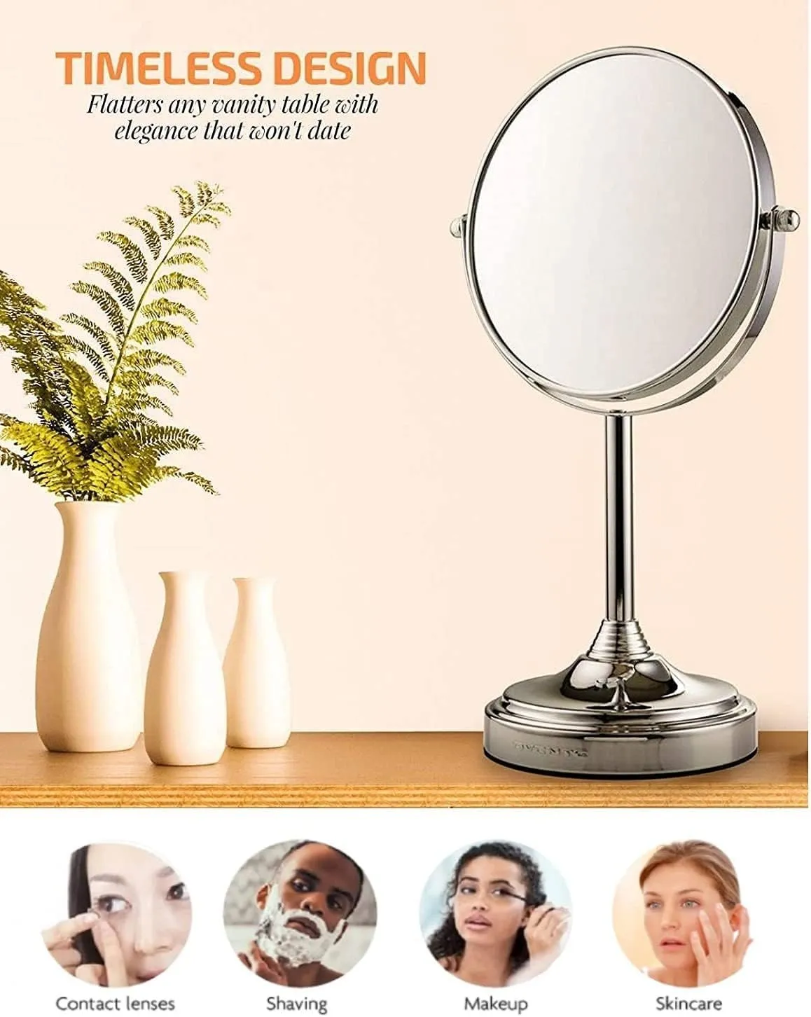 OVENTE 7'' Tabletop Makeup Mirror with 1X/7X Magnification, 360° Swivel Design and Double-Sided Free-Standing Vanity Mirror Perfect for Dresser, Bedroom and Office Desk, Polished Chrome MNLCT70CH1X7X