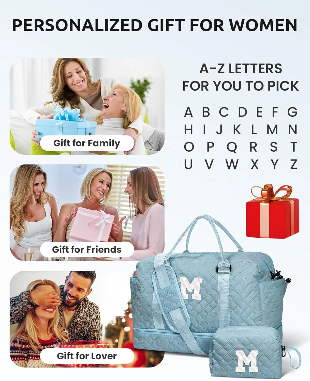Overnight Bags for Women, Personalized Weekender Bag, Monogram Travel Bag for Women with Trolley Sleeve & Wet Pocket, Letter Travel Bag with Makeup Bag, Gift for Her(Letter D)