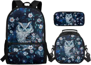 Owl Book Bags for Teenage Girls Middle School Cute Backpack with Lunch Bag and Pencil Case Casual 17 Inch Daypack with Adjustable Straps for Camping Picnic Travel