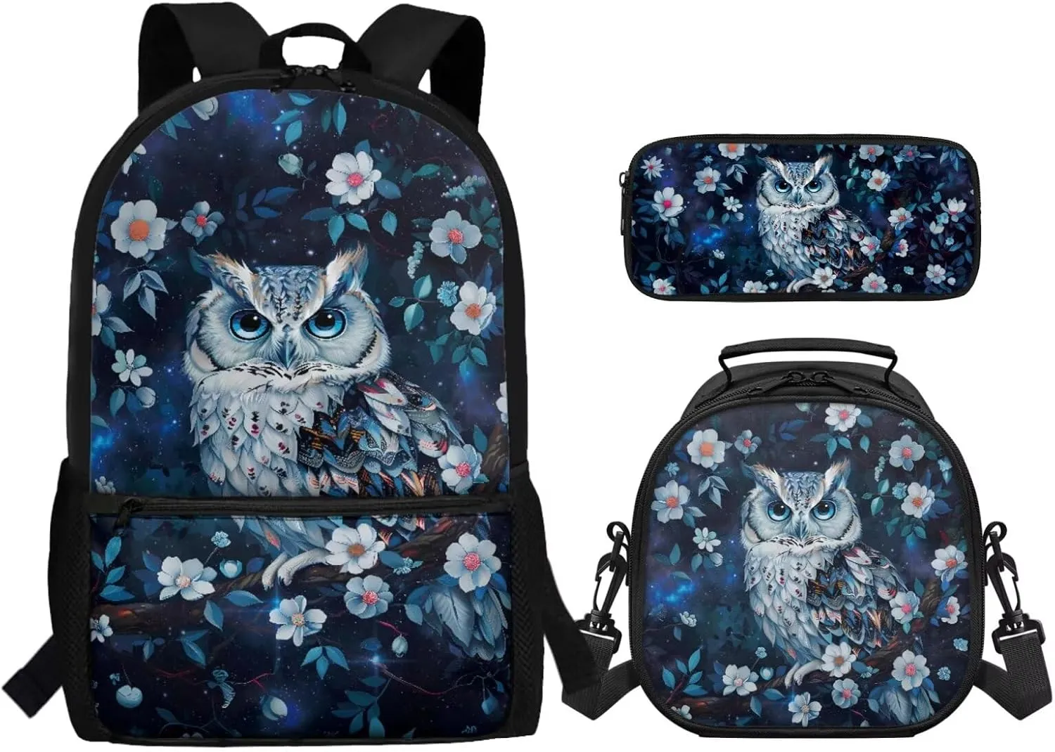 Owl Book Bags for Teenage Girls Middle School Cute Backpack with Lunch Bag and Pencil Case Casual 17 Inch Daypack with Adjustable Straps for Camping Picnic Travel