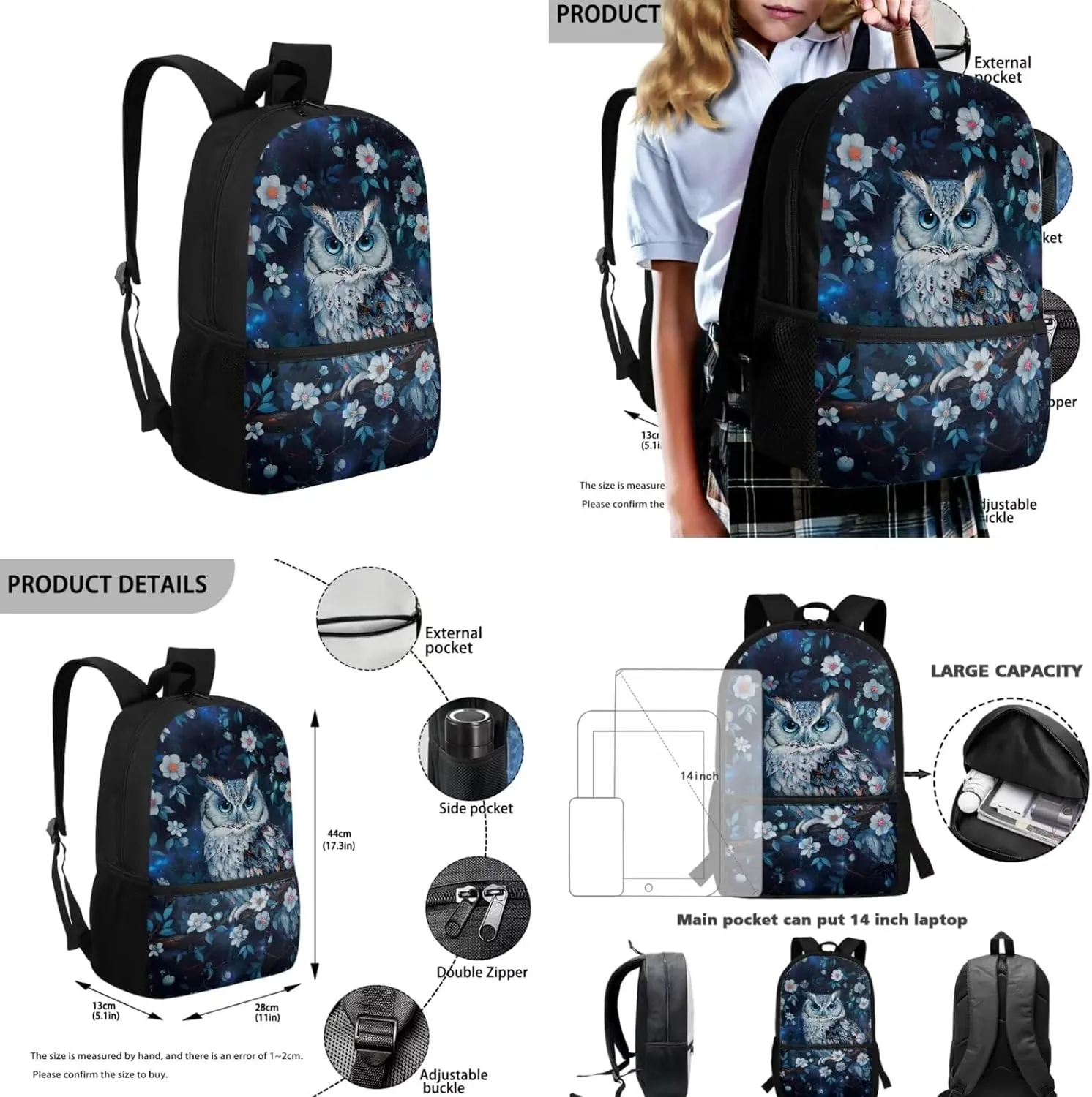 Owl Book Bags for Teenage Girls Middle School Cute Backpack with Lunch Bag and Pencil Case Casual 17 Inch Daypack with Adjustable Straps for Camping Picnic Travel
