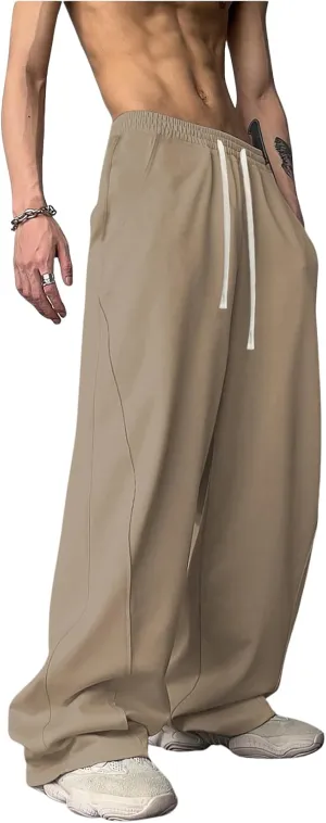 OYOANGLE Men's Drawstring Elastic Waist Baggy Sweatpants Y2K Loose Wide Leg Long Pants with Pocket