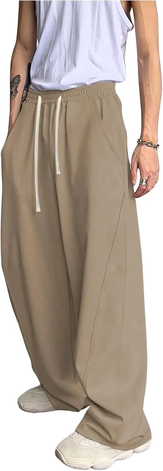 OYOANGLE Men's Drawstring Elastic Waist Baggy Sweatpants Y2K Loose Wide Leg Long Pants with Pocket