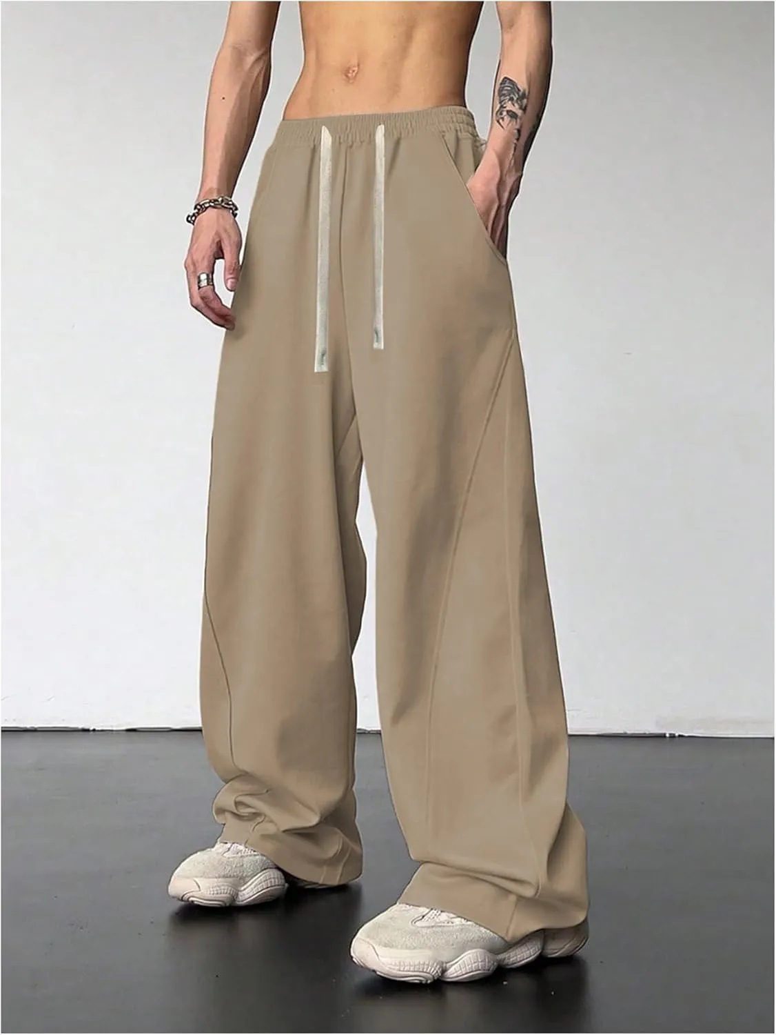 OYOANGLE Men's Drawstring Elastic Waist Baggy Sweatpants Y2K Loose Wide Leg Long Pants with Pocket