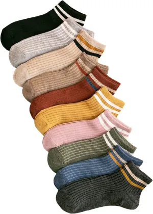 OYOANGLE Women's 10 Pairs Vintage Striped Ankle Socks Athletic Sport Casual Crew Socks