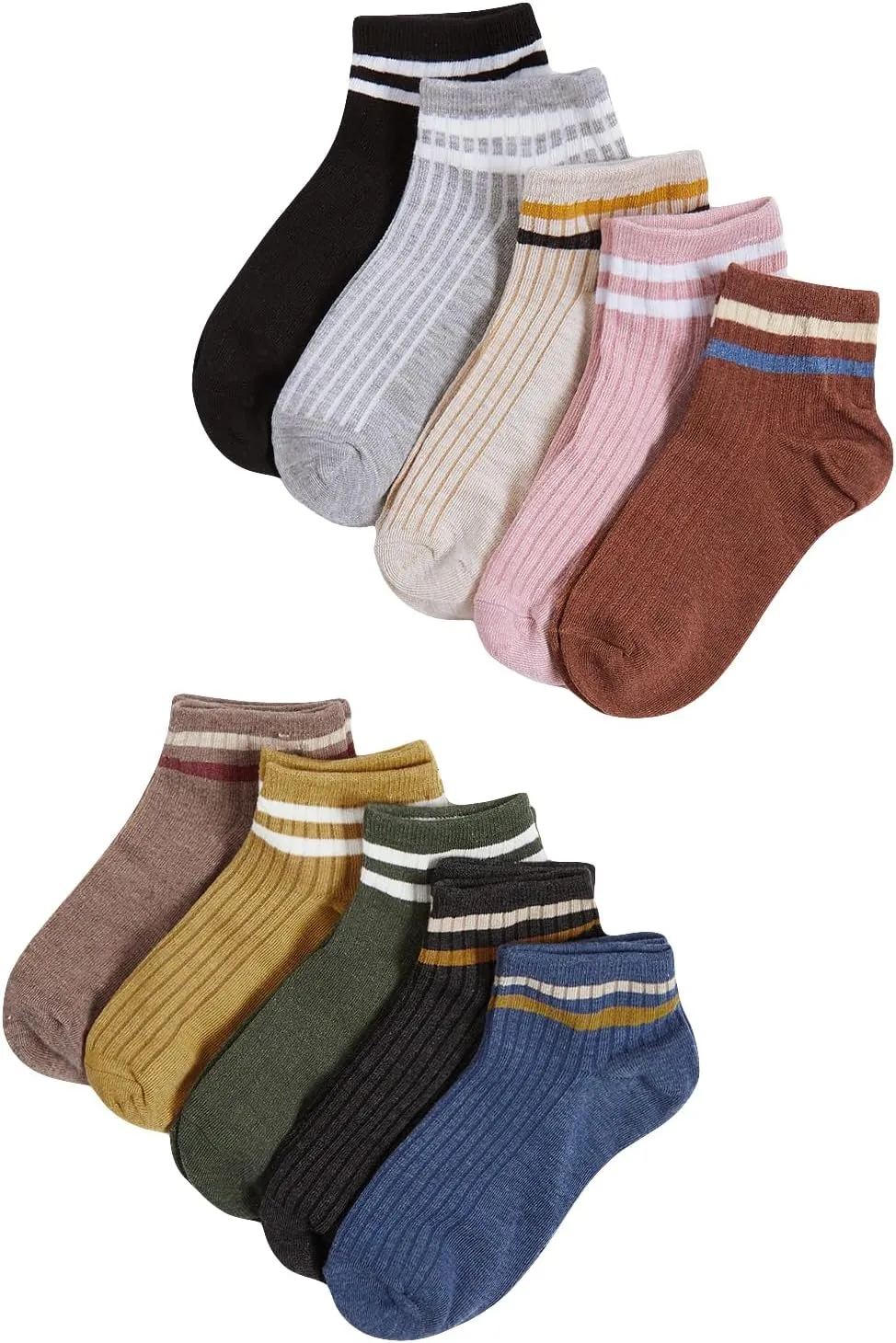 OYOANGLE Women's 10 Pairs Vintage Striped Ankle Socks Athletic Sport Casual Crew Socks